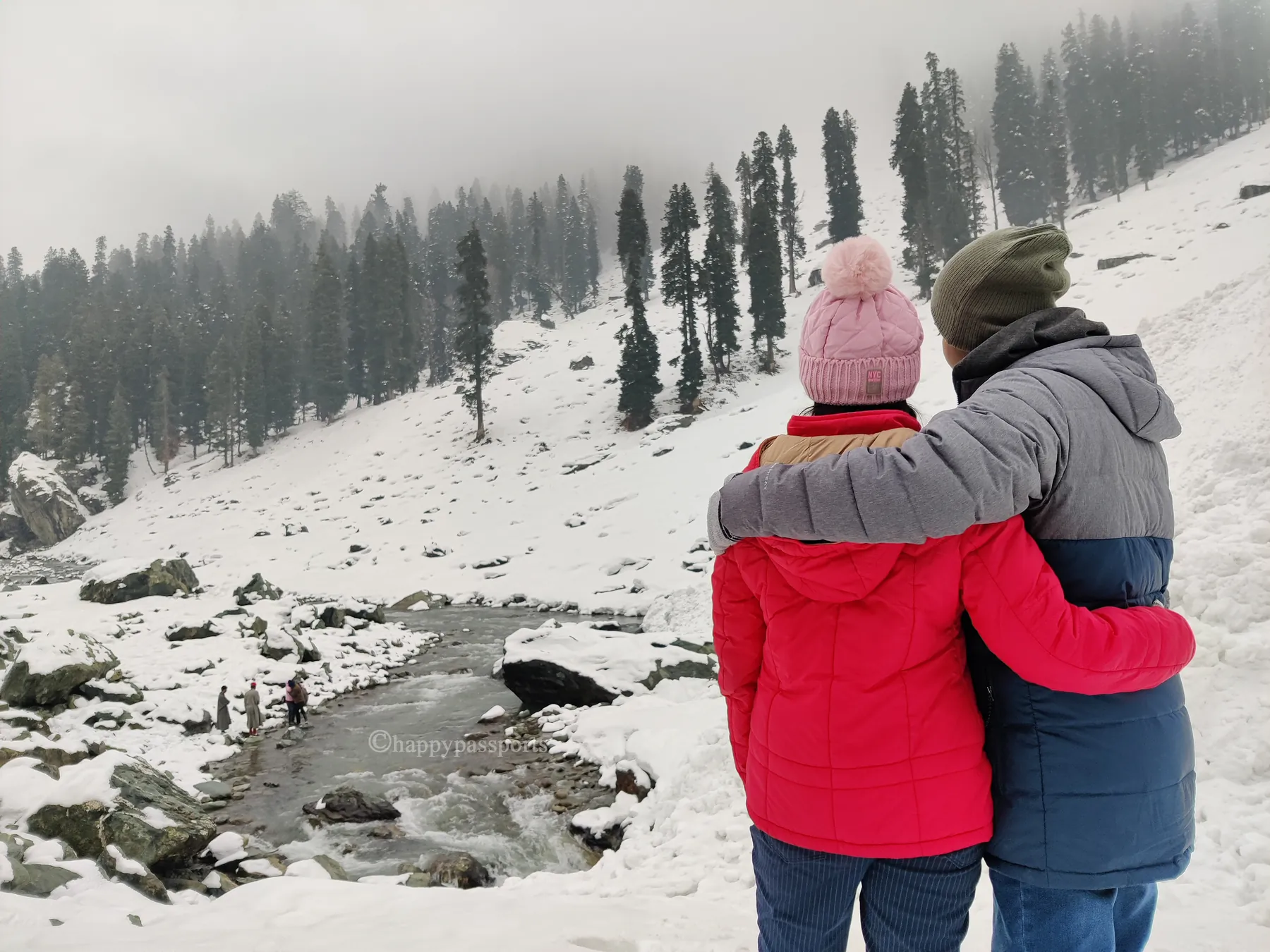 Aishani and Bhavya standing in the snow in Kashmir, looking out at pine forests